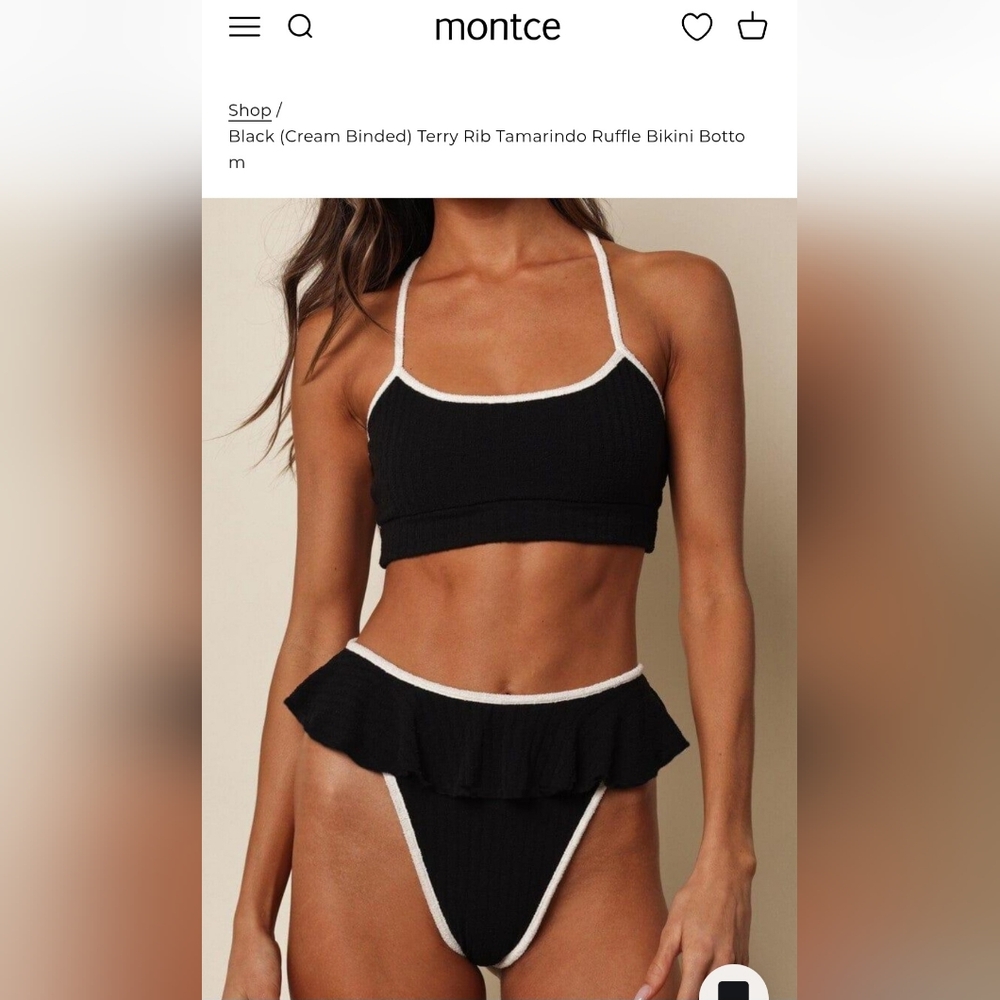 Montce Black White Terry Rib Ruffle Bikini Swim Set. M/S